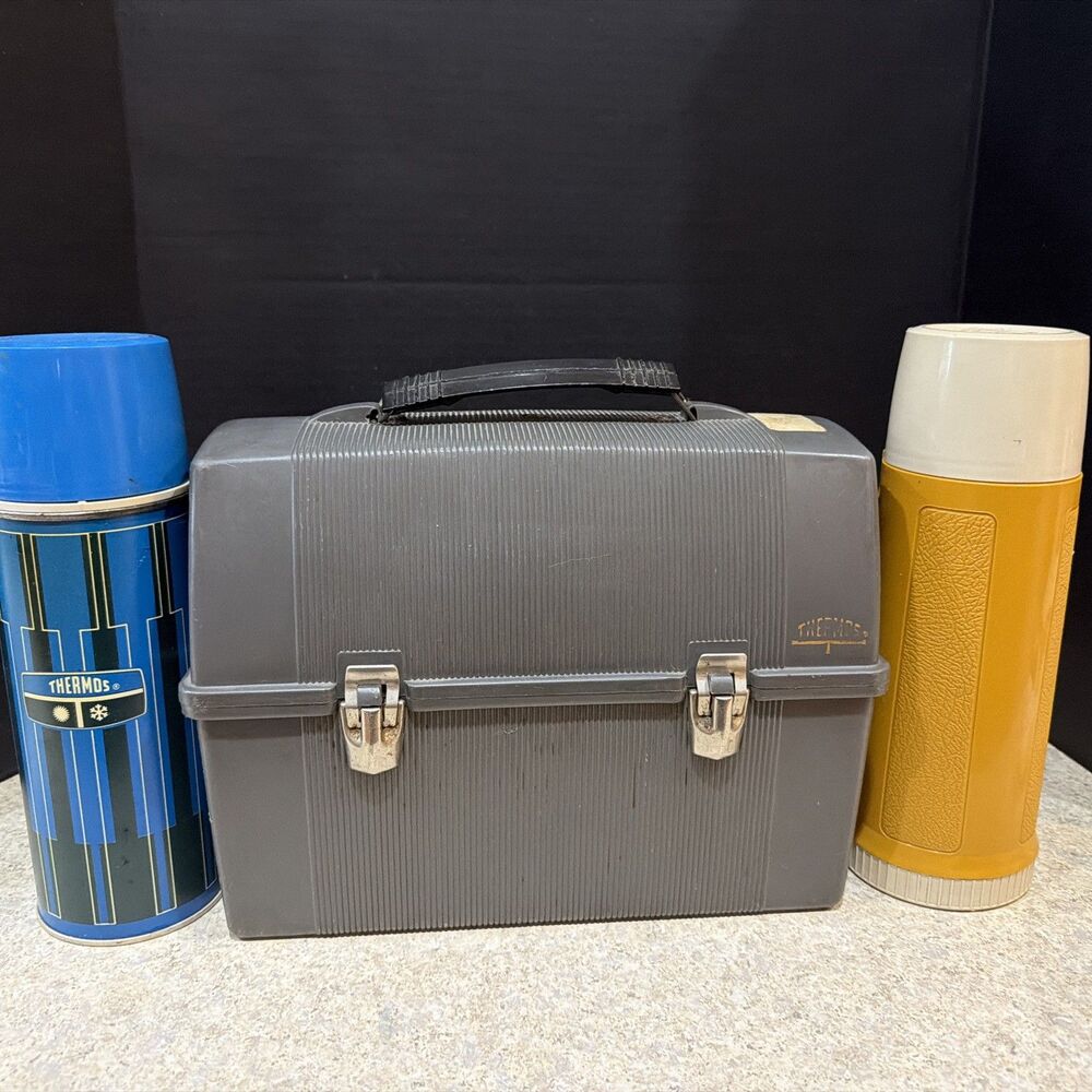 Vintage Black Plastic Thermos Brand Lunch Box w/ Blue  and Yellow Thermos